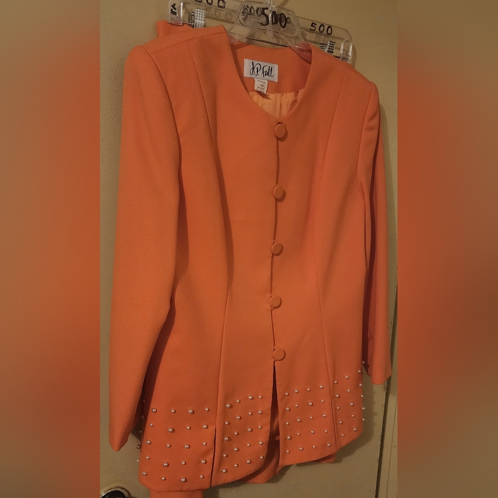 2pc Women's Orange Skirt Suit W/ Pearls